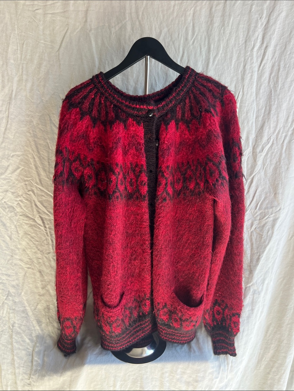Vintage 100% Baby Alpaca Wool Cardigan Hand  Knit Bolivia Red Fair Isle L/XL